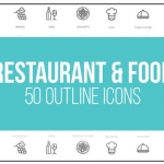 AE模板-餐厅和运动-50个细线图标-Restaurant and Sport - 50 Thin Line Icons