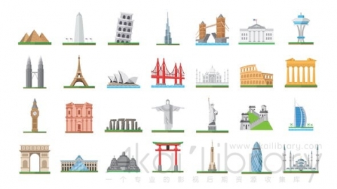 AE模板 100个世界著名旅游景点地标扁平化IOCN图标MG动画100_World_Landmarks_Icons