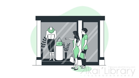 图片素材 服装店橱窗前挑选购物线条扁平场景