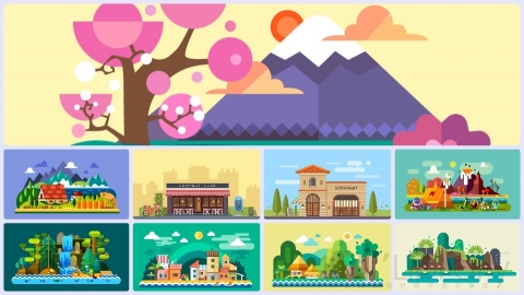 图片素材 扁平自然风景户外郊外平面卡通图形插画MG二维矢量素材背景场景包