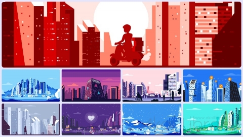 图片素材 扁平城市建筑摩天大楼平面卡通图形插画MG二维矢量素材背景场景包