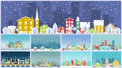 图片素材 扁平下雪中的城市建筑平面卡通图形设计插画MG二维矢量素材背景场景包