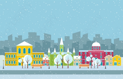 图片素材 扁平下雪中的城市建筑场景-13