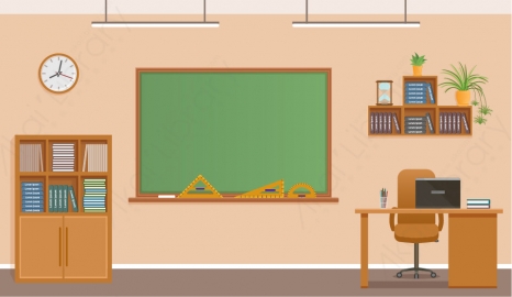 图片素材 扁平有黑板时钟的书桌的学校教室场景