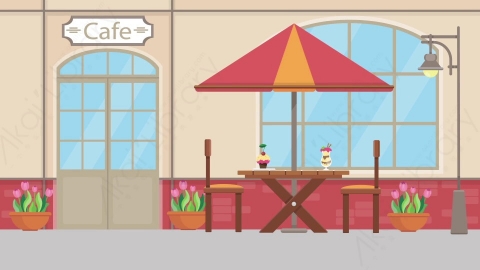 AE模板 07-cafe-1咖啡店MG扁平卡通街边马路公园街道场景背景