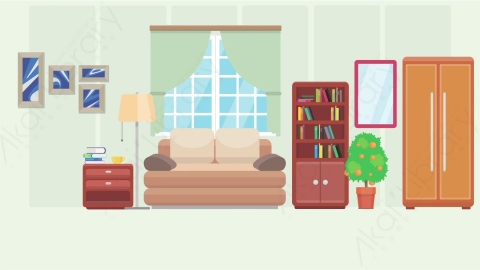 AE模板 05-living-room-2客厅MG扁平卡通居家客厅厨房场景背景