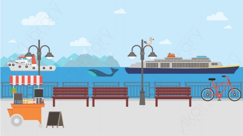 图片素材 13-seafront-1海滨海边MG扁平卡通街边马路公园街道场景背景-附AE动态版