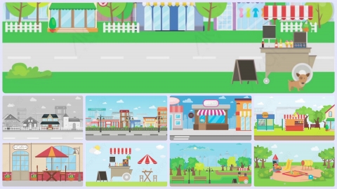图片素材- 扁平户外公园街道马路平面卡通图形插画MG二维矢量素材背景场景包-附AE动态版