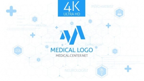 AE模板-医疗标志显示现代科技蓝色医疗线条图标汇聚片头logo演绎开场视频