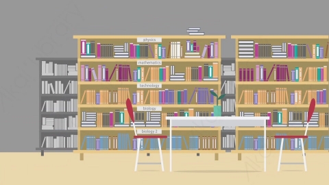 AE模板-Library图书馆图书室资料室室内MG扁平卡通动画背景场景