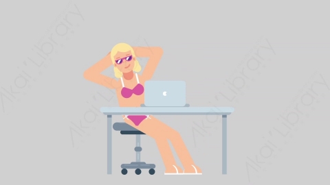 AE模板-WOMAN BEACH 31 Typing on PC 2女性假期休假沙滩度假在电脑上打字扁平人物日常角色