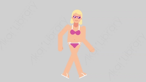 AE模板-WOMAN BEACH 77 Walking Cycle女性假期休假沙滩度假一直步行扁平人物日常角色