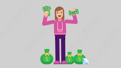 AE模板-WOMAN GAMER 34 Money女性游戏玩家电竞选手财产财富钱扁平人物职业角色