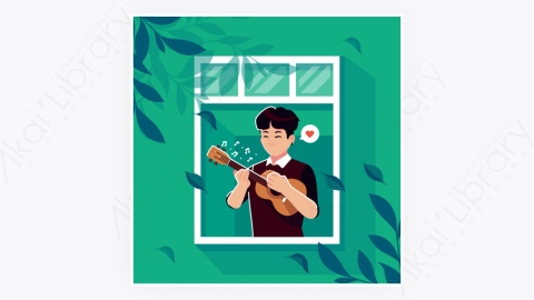 图片素材-男孩在窗口玩吉他音乐夏威夷四弦琴