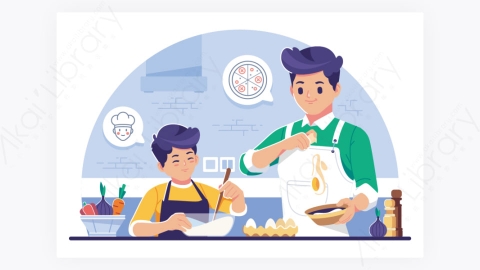 图片素材-父母教烹饪做饭插画背景