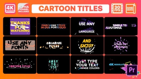 Pr基本图形预设-12组4K卡通手绘流体多彩文字标题动画Mogrt预设Cartoon Titles Premiere Pro