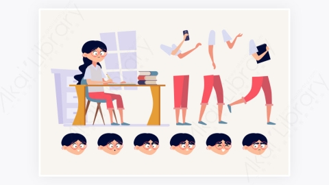 图片素材-MG扁平卡通插画女人写字角色人物4
