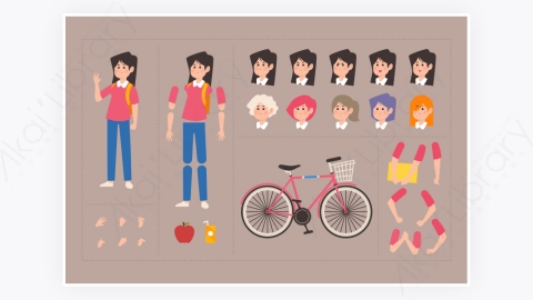 图片素材-MG扁平卡通插画骨骼关节身体拆分女学生角色人物3