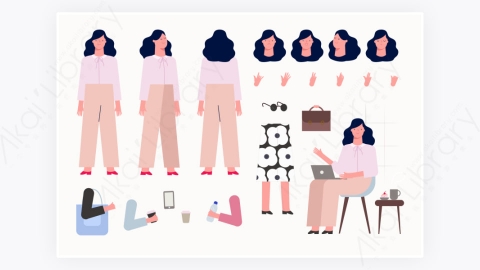 图片素材-MG扁平插画卡通黑发女孩角色人物7