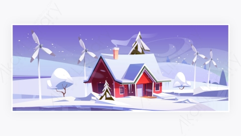 图片素材-冬天风景降雪溜冰场风车和现代小屋屋顶上的雪的卡通插图