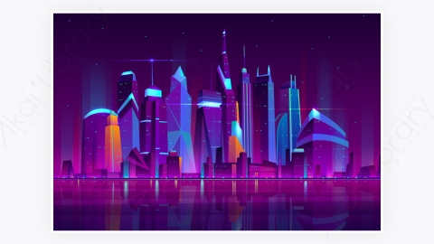 图片素材-卡通现代商业都市市中心晚上夜间建筑-15