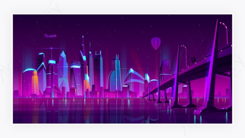 图片素材-卡通现代商业都市市中心晚上夜间建筑-16