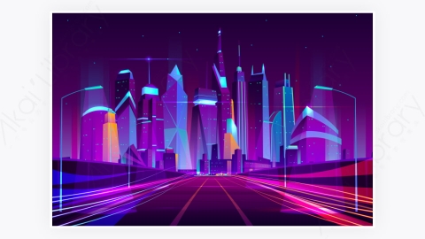 图片素材-卡通现代商业都市市中心晚上夜间建筑-17