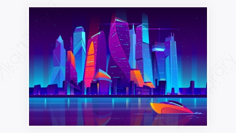 图片素材-卡通现代商业都市市中心晚上夜间建筑-19