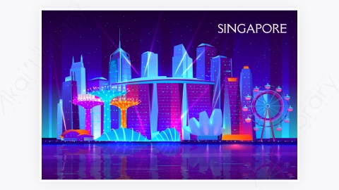 图片素材-卡通现代新加坡商业都市市中心晚上夜间建筑-33