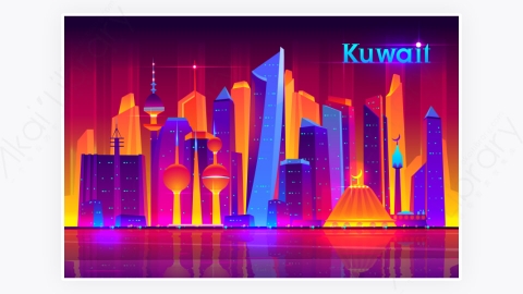 图片素材-卡通现代科威特商业都市市中心晚上夜间建筑-25