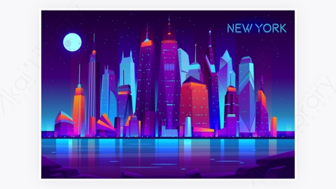 图片素材-卡通现代纽约商业都市市中心晚上夜间建筑-20