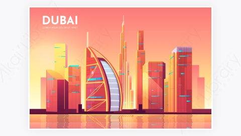 图片素材-卡通现代迪拜商业都市市中心建筑-11