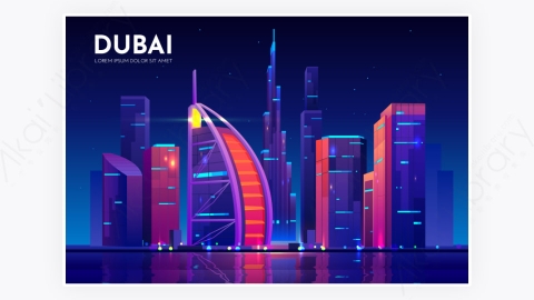 图片素材-卡通现代迪拜商业都市市中心晚上夜间建筑-42