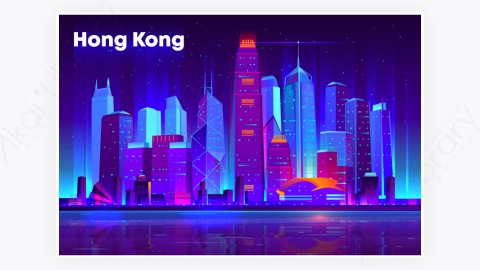 图片素材-卡通现代香港商业都市市中心晚上夜间建筑-26