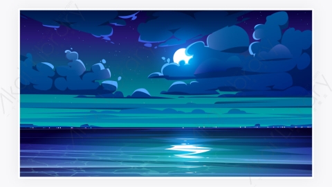 图片素材-夜晚大海景观与海岸线和天空中的月亮