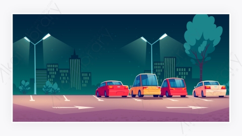 图片素材-晚上在城市路边停车的汽车