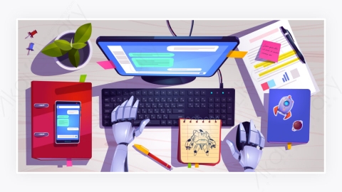 图片素材-机器人用键盘打字工作区顶视图