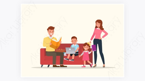 图片素材-卡通人物角色父母与孩子读一本书-5