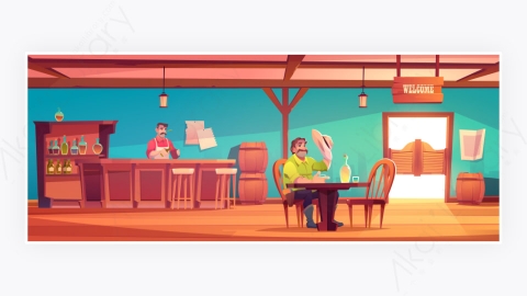 图片素材-西方酒吧小酒馆与牛仔和酒保