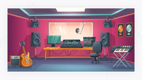 图片素材-音乐室控制室和歌手录音棚