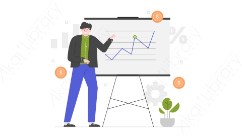 图片素材-MG卡通插画财务报告人用图表站在黑板上企业战略培训成功教练平面图