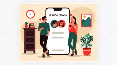 图片素材-MG卡通插画女人男人使用约会应用程序插图
