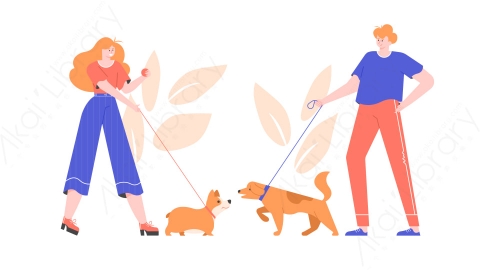 图片素材-MG卡通插画狗主人散步可爱威尔士柯基犬大狗见面一起玩熟人宠物