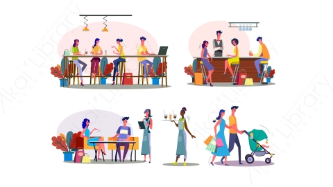 图片素材-MG卡通插画和朋友一起购物休息玩耍2