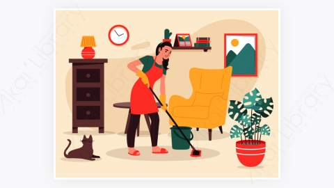 图片素材-MG卡通插画女性清洁屋插图