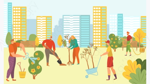 图片素材-MG卡通插画人植树城市公园自然绿色生态志愿者带新植物城市景观背景平面图