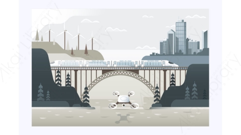 图片素材-MG卡通插画无人机城市