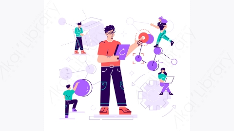 图片素材-MG卡通插画创意插图科学家进行实验室研究研究统计数据结果复合malekul原子现代技术机器学习人工