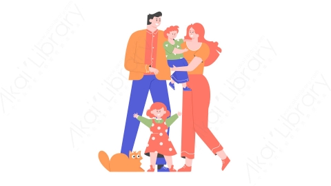 图片素材-MG卡通插画家站在一起爸爸妈妈儿子女儿猫平插图