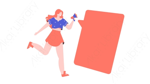 图片素材-MG卡通插画精力充沛的女孩用喇叭跑重要信息空话泡泡文字平面图
